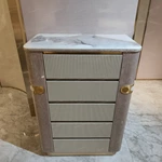 Marble-Top Sideboard Cabinet with Five Fluted Drawers, Rounded Light Wood Veneer Frame, and Brass Accent Details